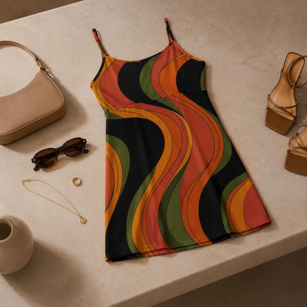Retro Wave Mini Dress | 70s Spaghetti Strap Resort Dress