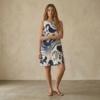Blue Abstract Wave Mini Dress | Coastal A-Line Pocket Dress
