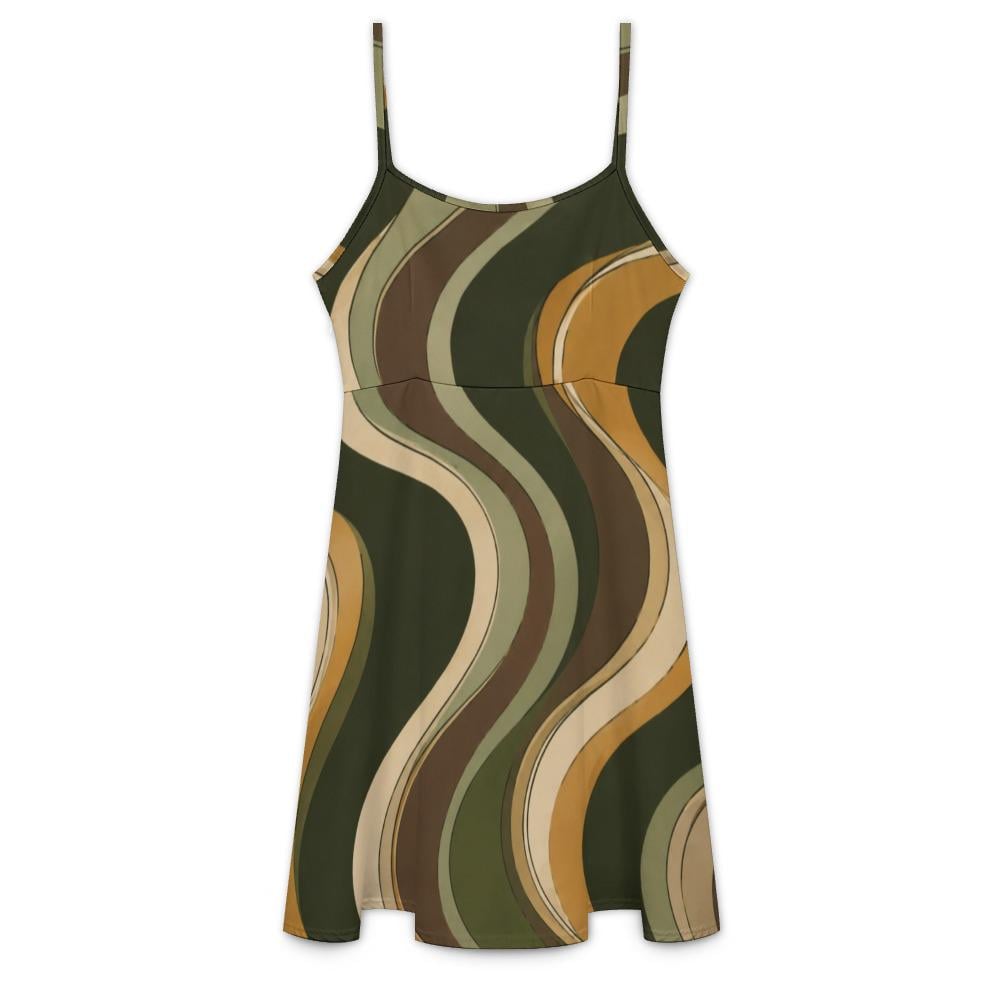 Olive Abstract Mini Dress | 70s Spaghetti Strap Resort Dress