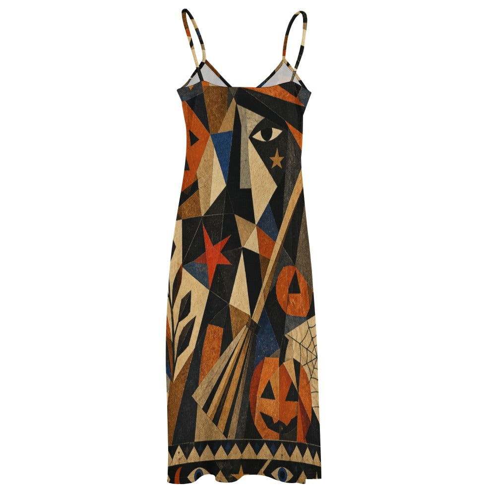 Abstract Halloween Slip Maxi Dress | Spaghetti Strap Statement Dress