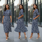 Navy Geometric Midi Dress | Modern Art A-Line Statement Dress