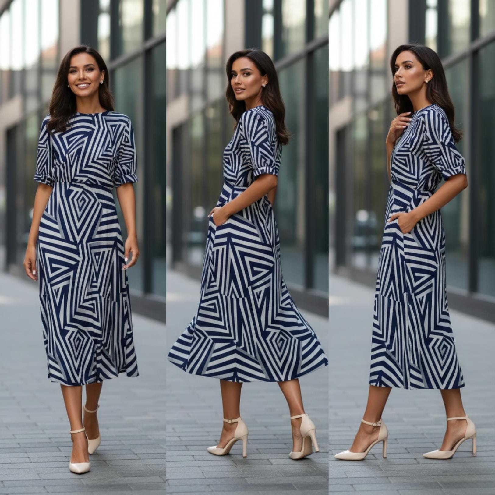 Navy Geometric Midi Dress | Modern Art A-Line Statement Dress
