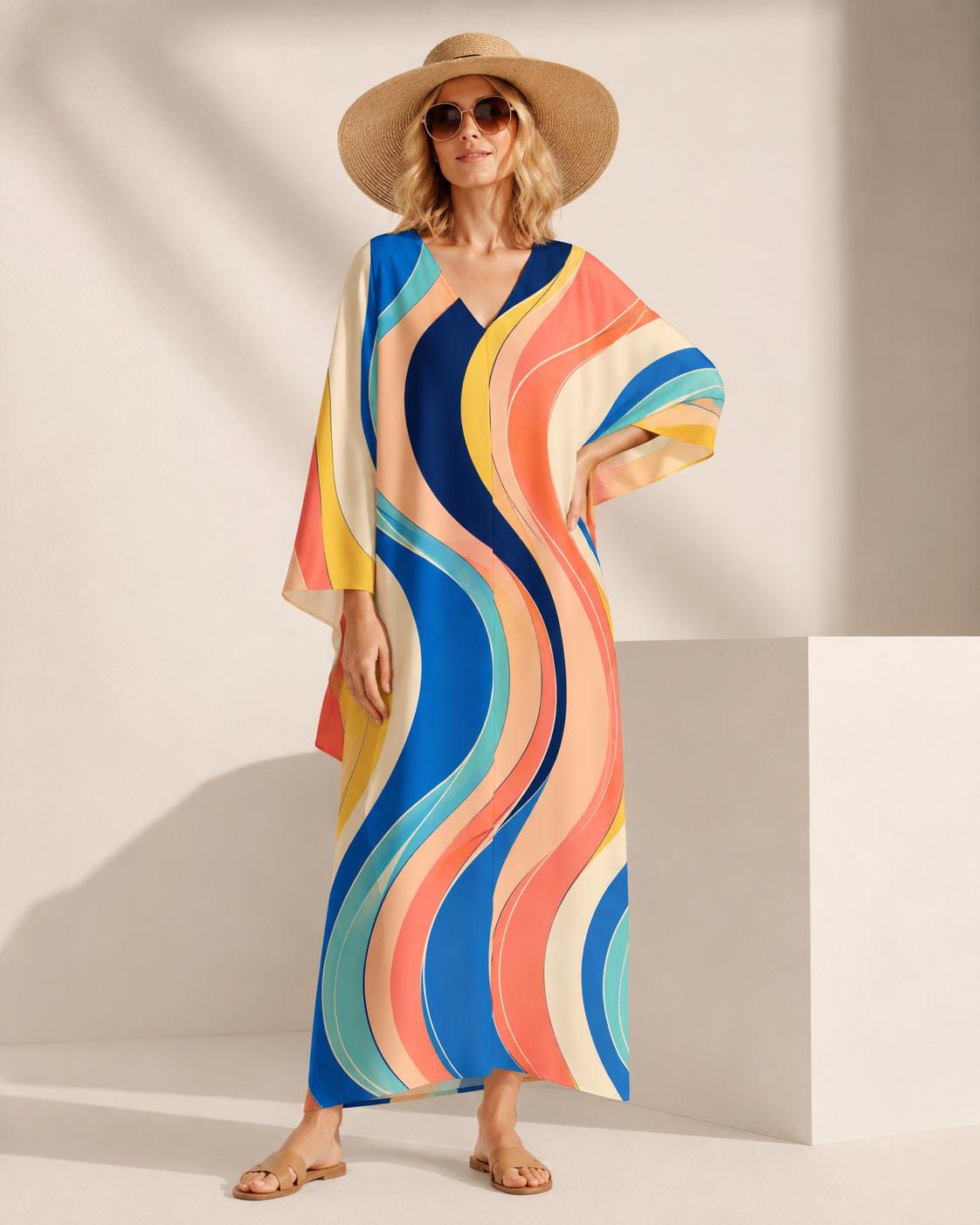 Retro Wave Kaftan Dress | Colorful 70s Resort Maxi Dress