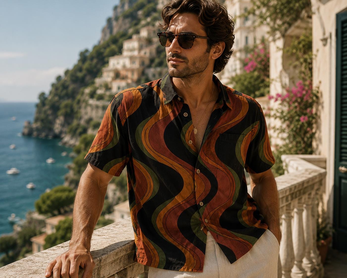 Men’s Retro Wave Cotton Resort Shirt | 70s Mediterranean Button-Up