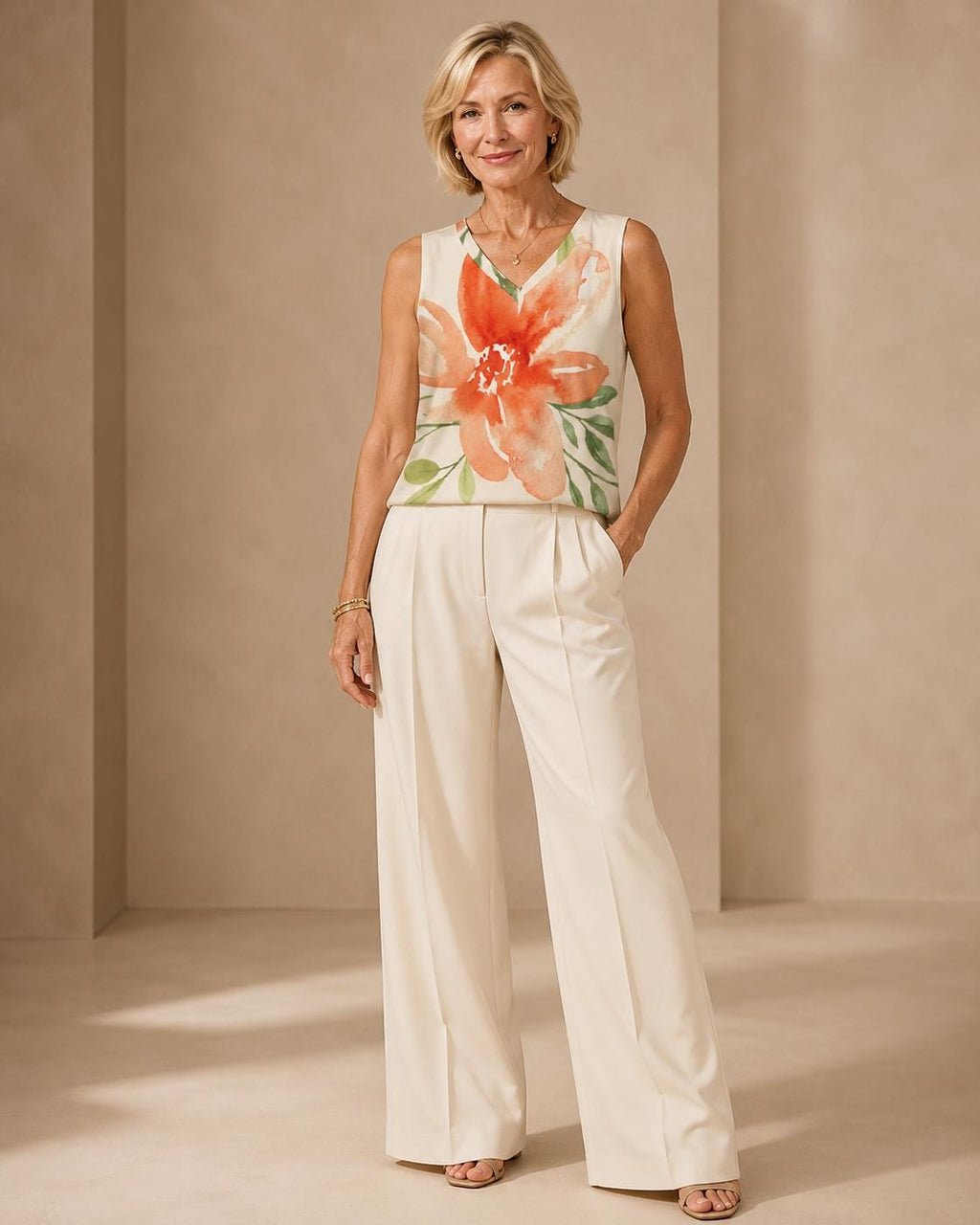 Orange Lily Floral Tank Top | Watercolor V-Neck Vacation Blouse