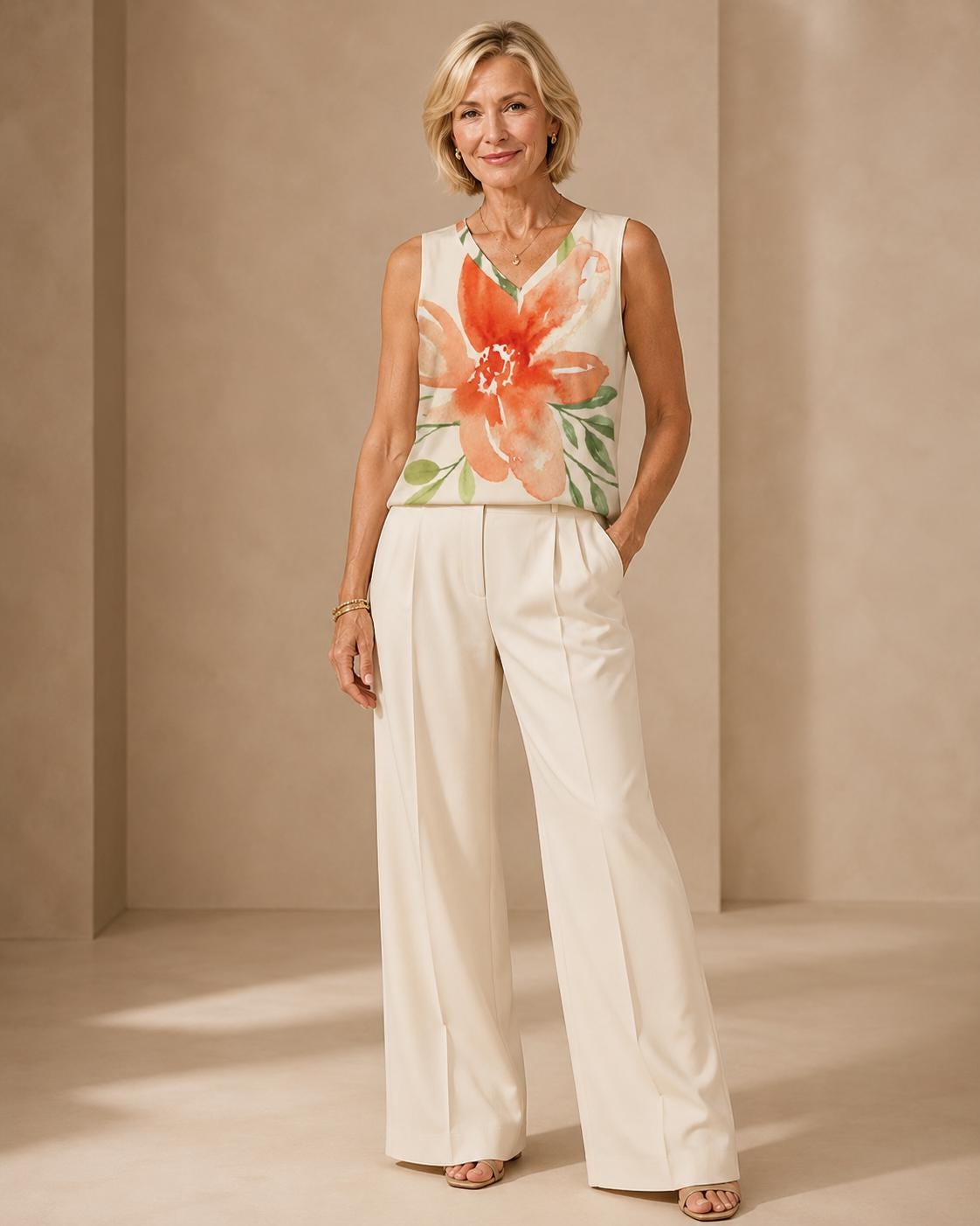 Orange Lily Floral Tank Top | Watercolor V-Neck Vacation Blouse