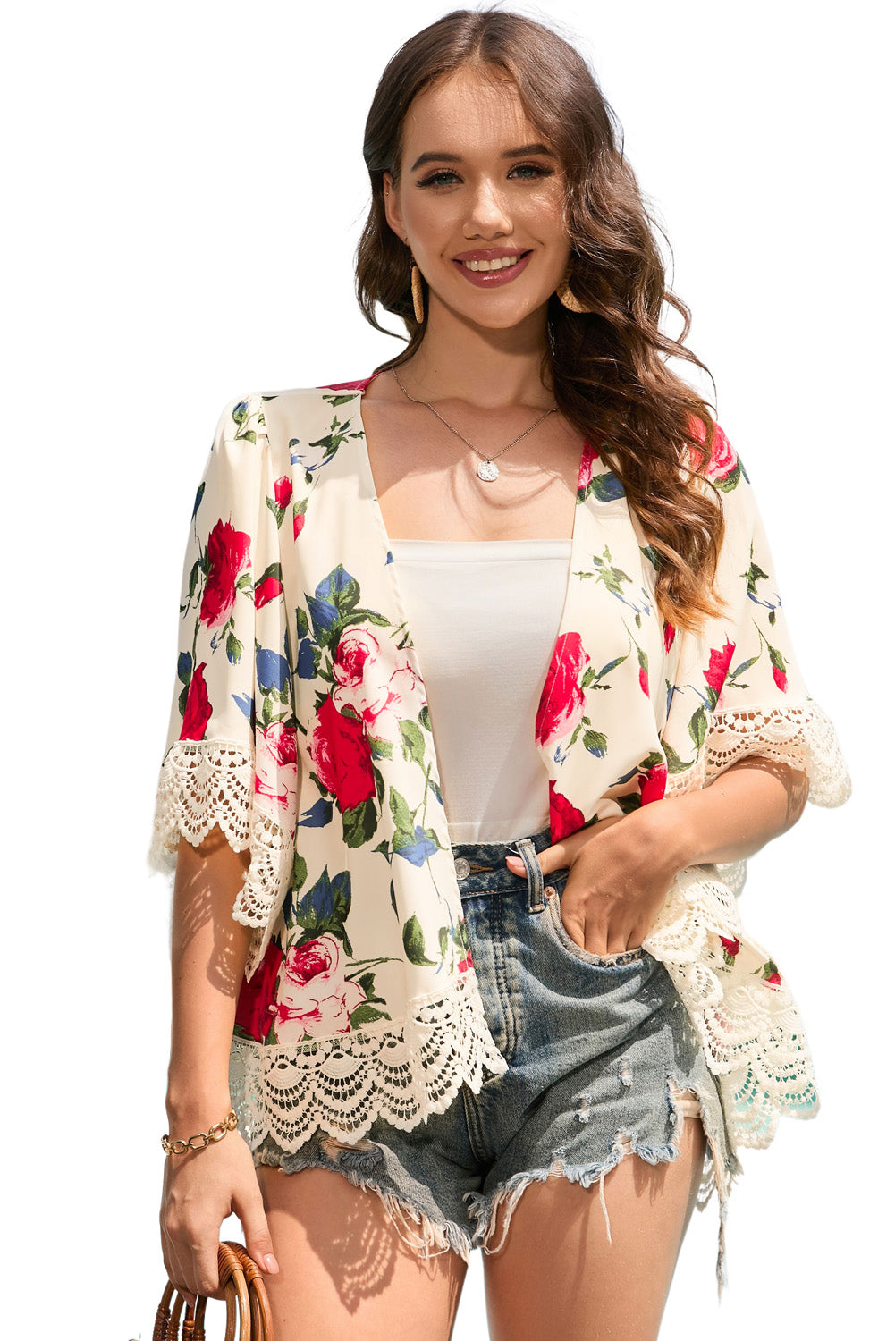 Women's lace-trim floral kimono in sizes S to XL