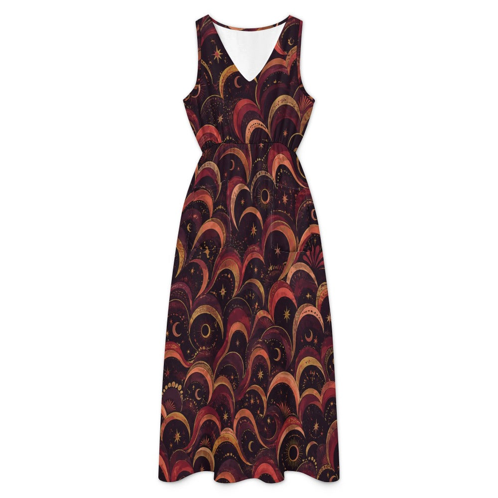 Burgundy Night Garden Maxi Dress with Pockets | V-Neck