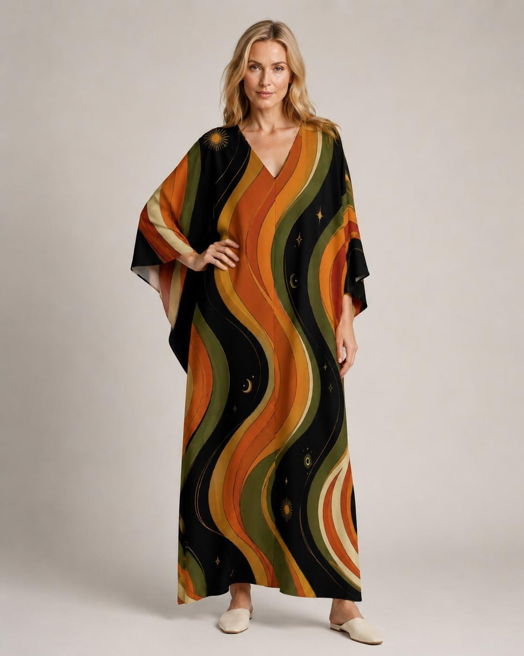 Retro Cosmic Kaftan Dress | Celestial Sun Moon Resort Wear