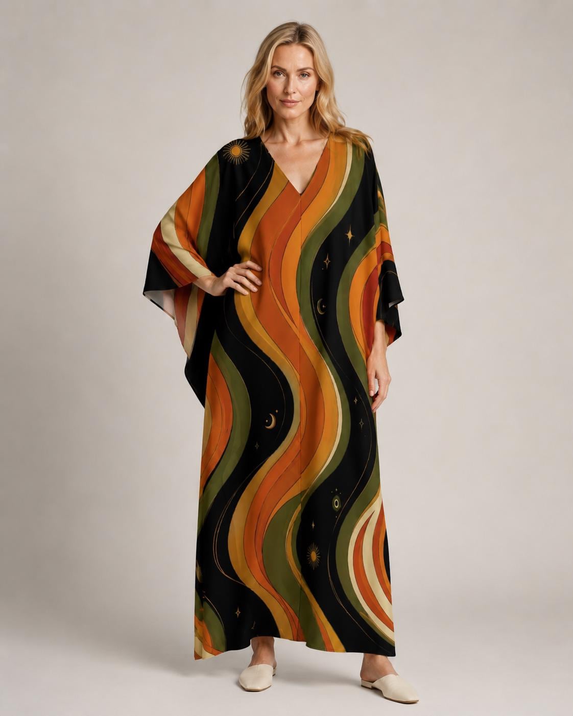 Retro Cosmic Kaftan Dress | Celestial Sun Moon Resort Wear