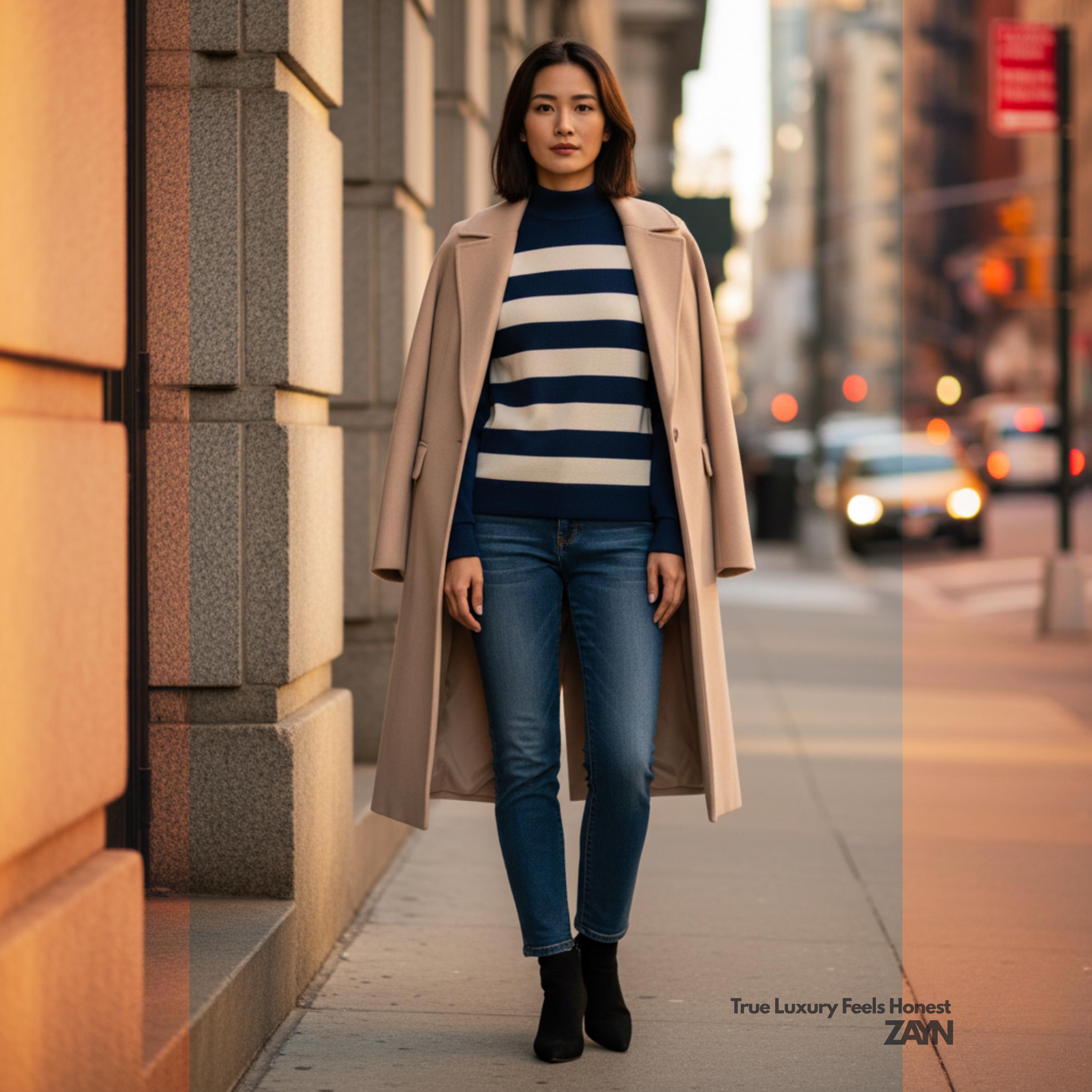 Navy Cream Striped Turtleneck Sweater | Quiet Luxury Winter Knit