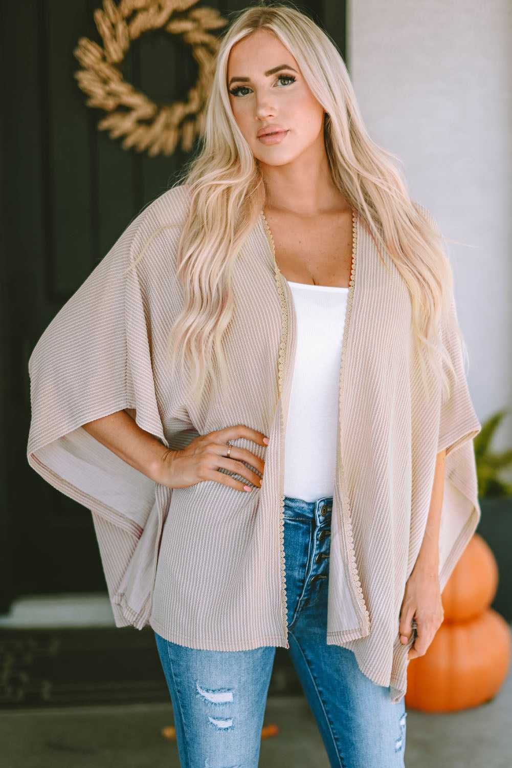 Women's Lace-Trim Ribbed Kimono Cardigan – Black or Apricot