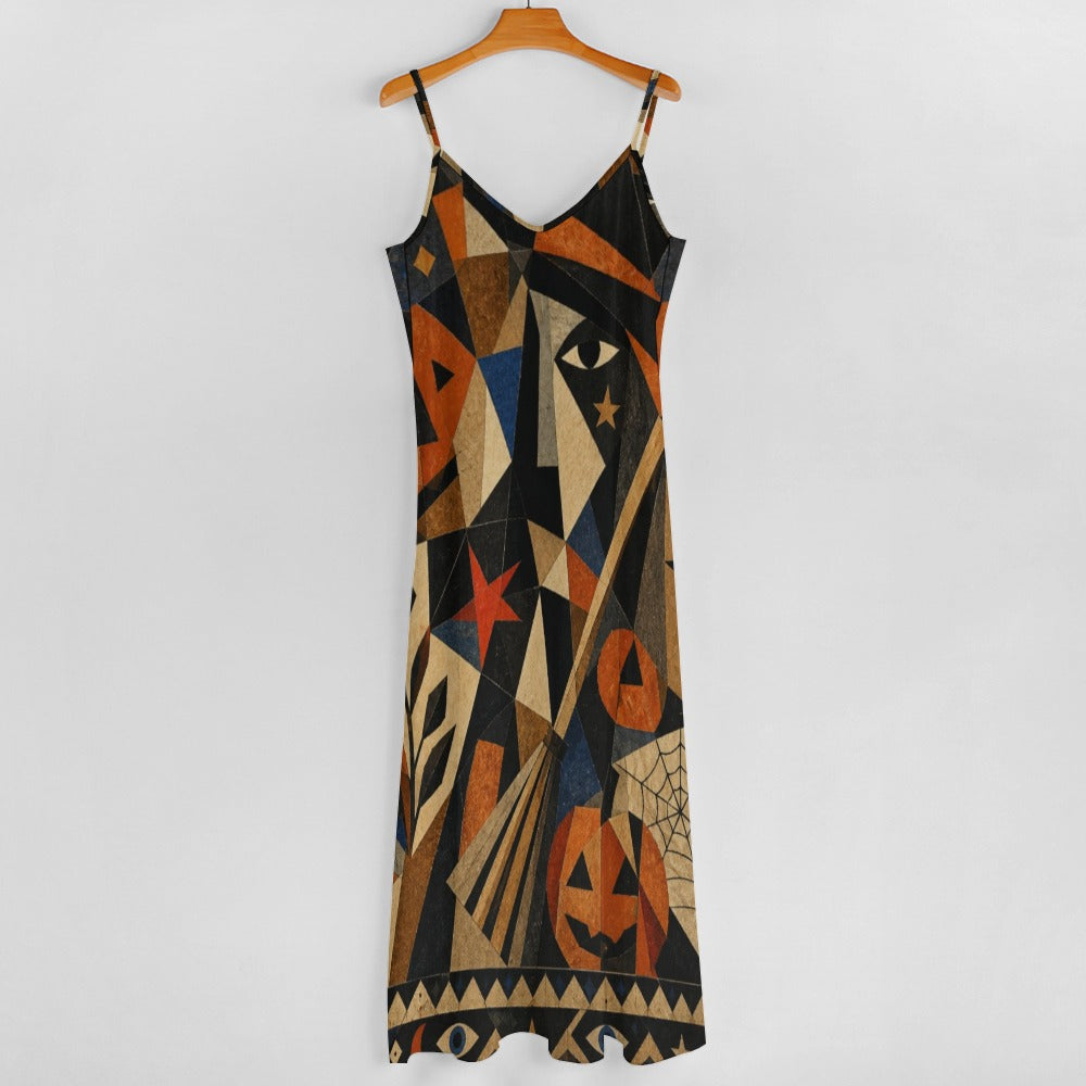 Abstract Halloween Slip Maxi Dress | Spaghetti Strap Statement Dress
