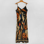 Abstract Halloween Slip Maxi Dress | Spaghetti Strap Statement Dress