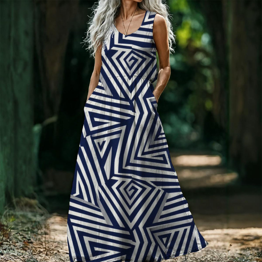 Architectural Monochrome Maxi Dress | Navy Geometric Resort Dress