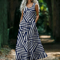 Architectural Monochrome Maxi Dress | Navy Geometric Resort Dress