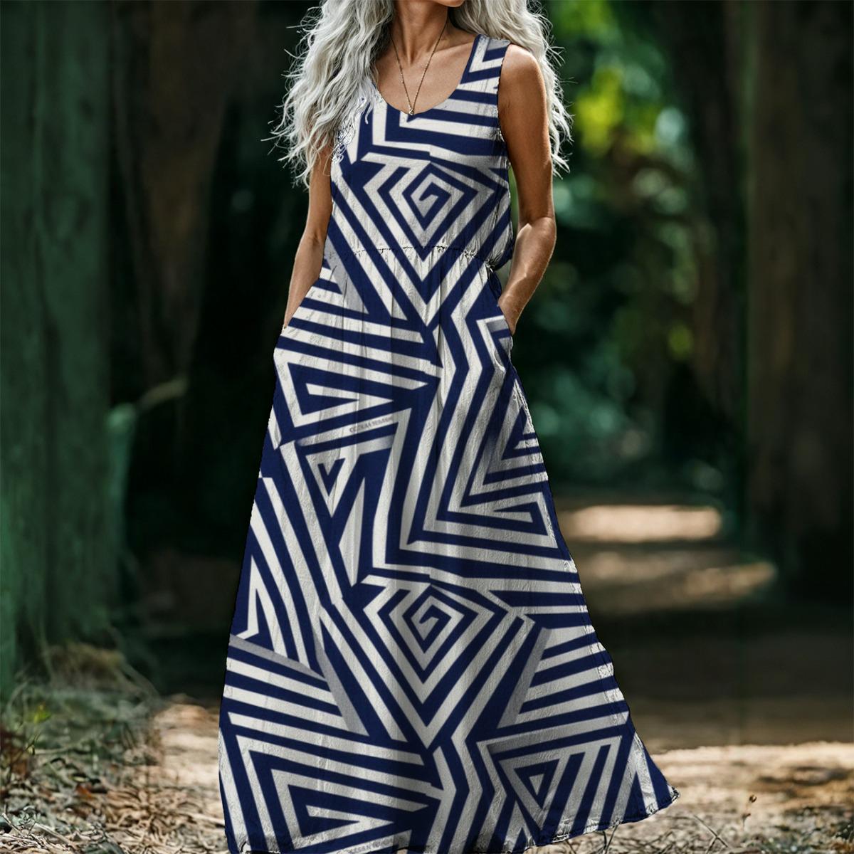 Architectural Monochrome Maxi Dress | Navy Geometric Resort Dress