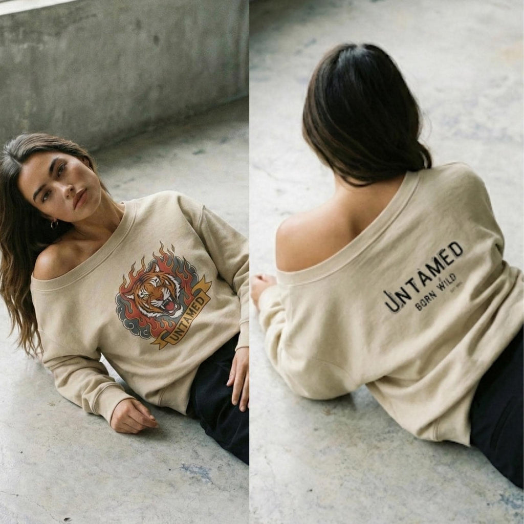 Born Wild Tiger Off-Shoulder Sweatshirt | Relaxed Graphic Top