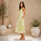 Lemon Floral Cotton Midi Dress | Garden Party A-Line Pocket Dress