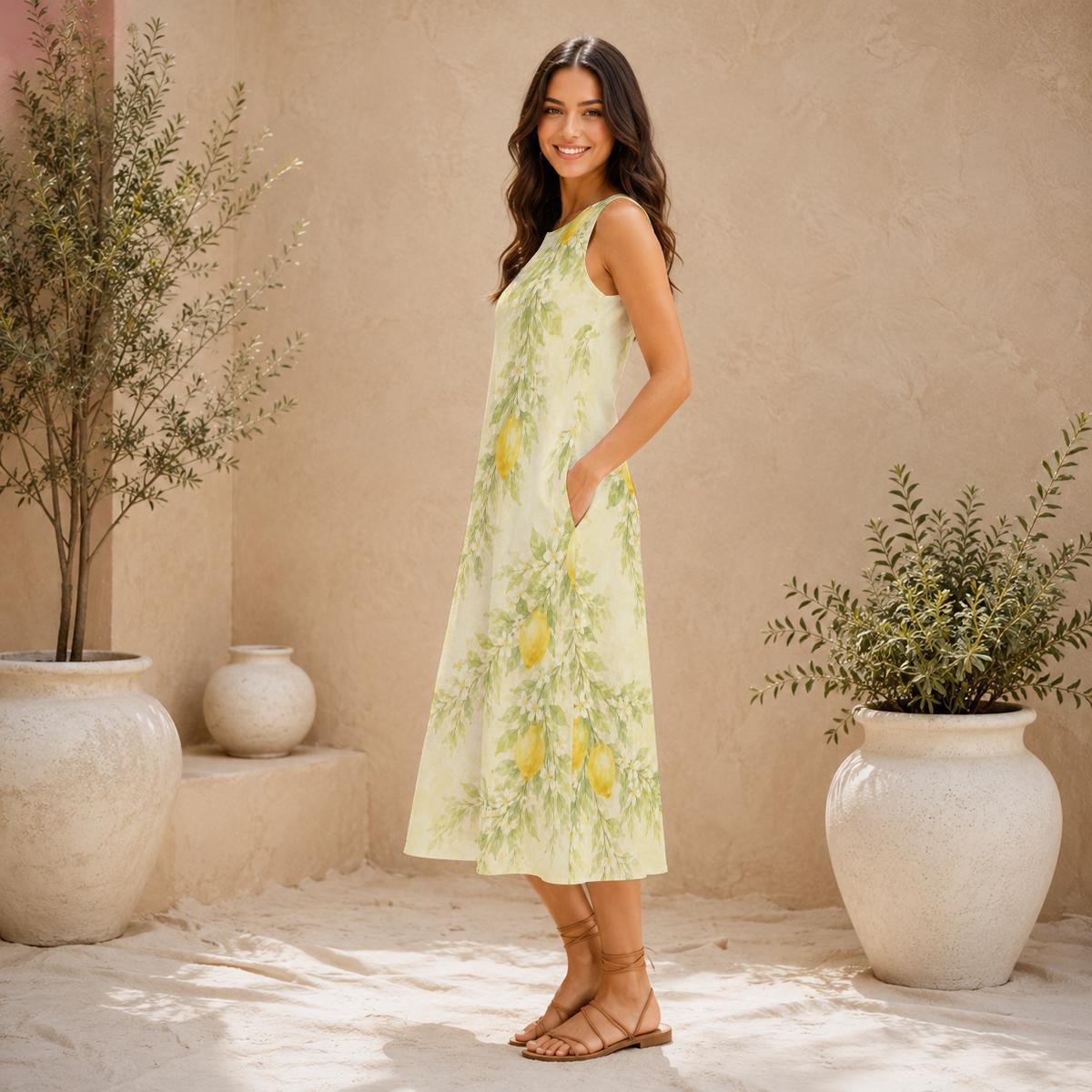 Lemon Floral Cotton Midi Dress | Garden Party A-Line Pocket Dress