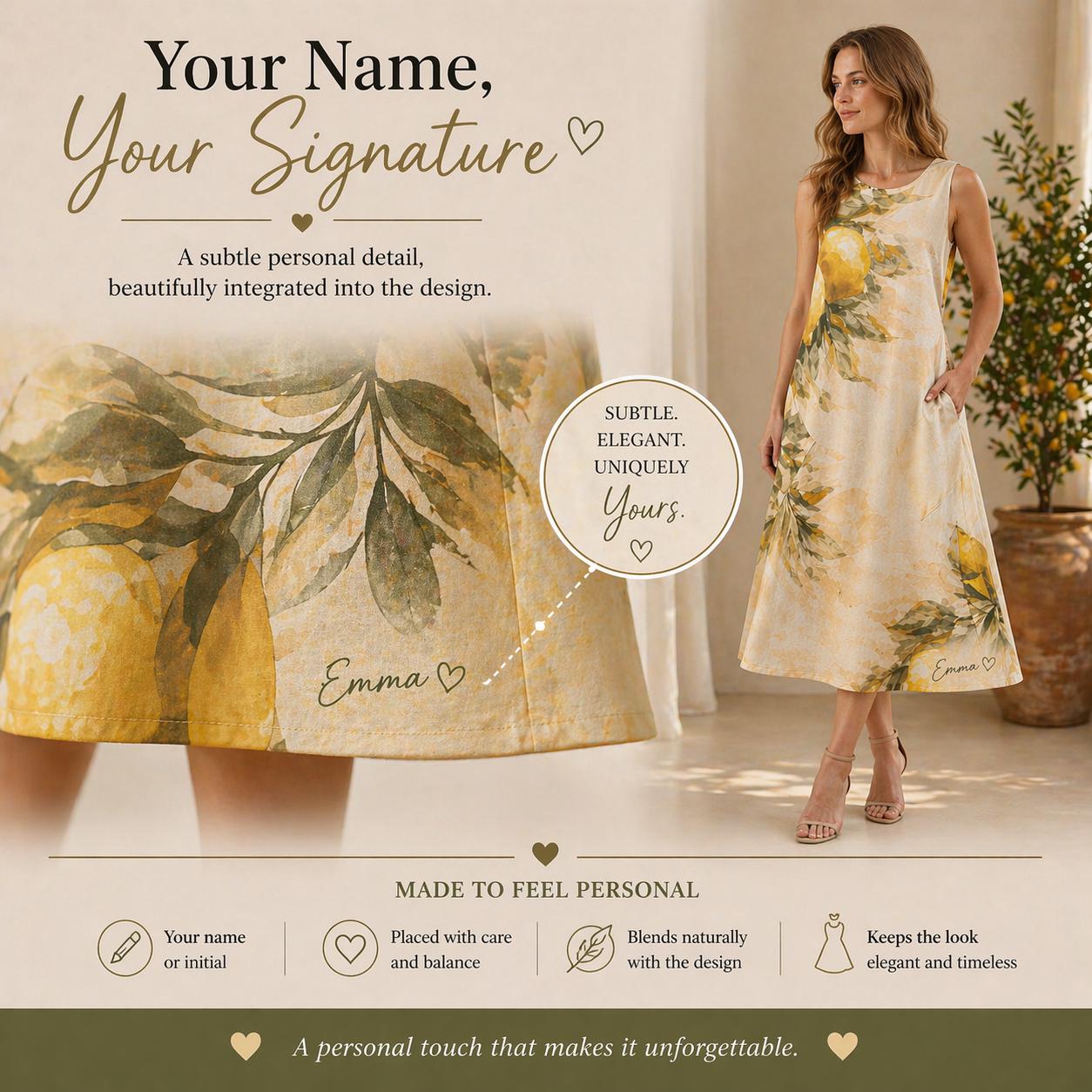 Personalized Lemon Midi Dress | Custom Name Mediterranean Summer Dress