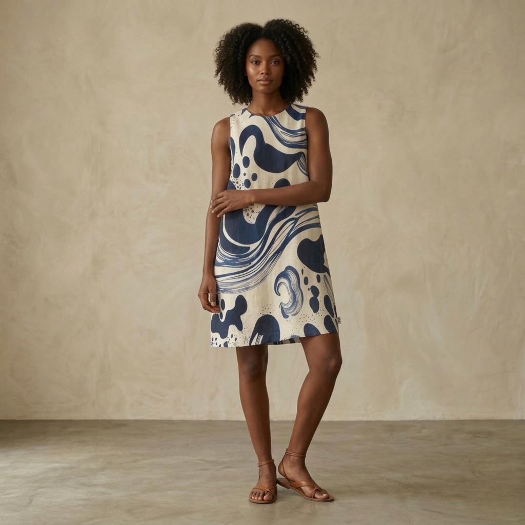 Blue Abstract Wave Mini Dress | Coastal A-Line Pocket Dress