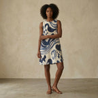 Blue Abstract Wave Mini Dress | Coastal A-Line Pocket Dress