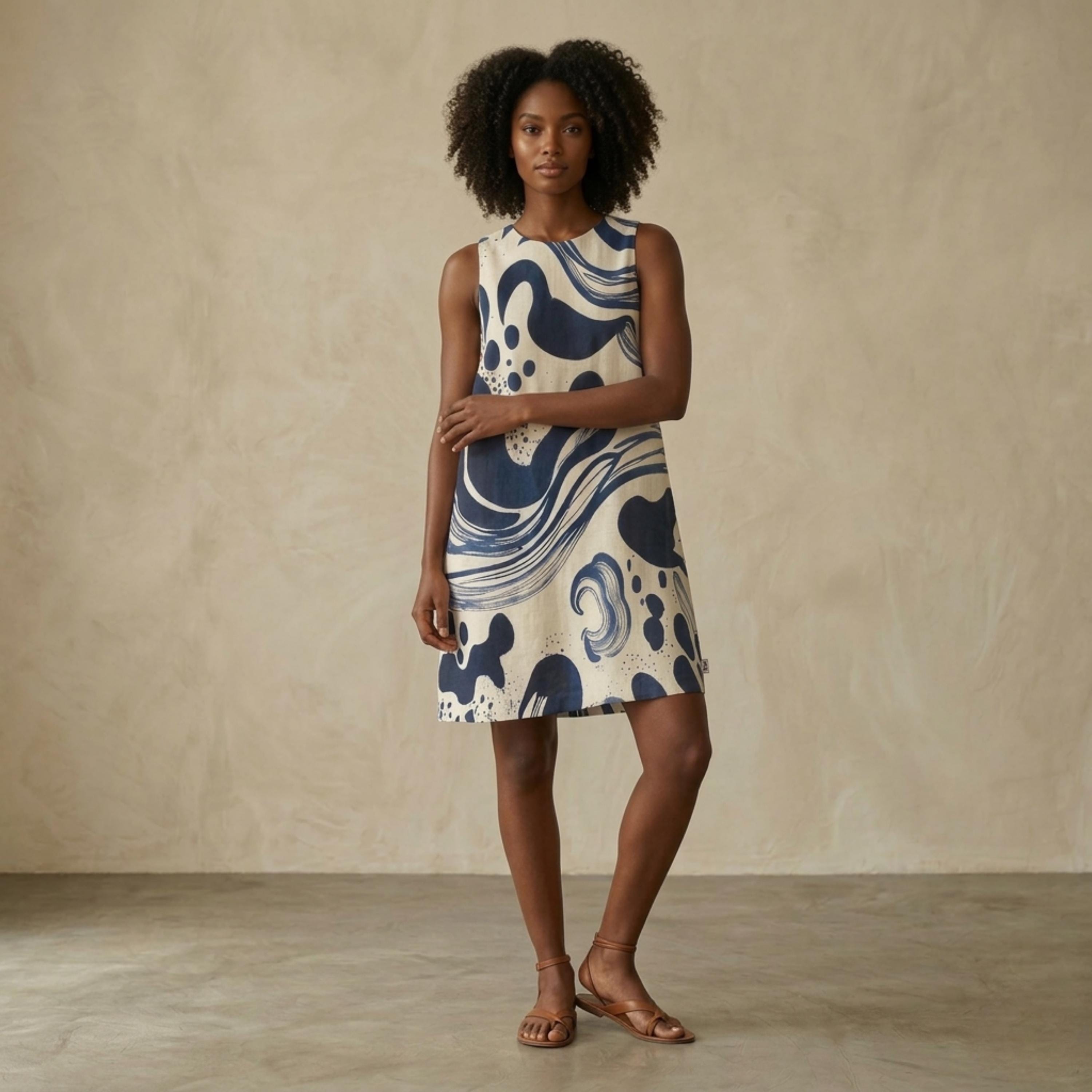 Blue Abstract Wave Mini Dress | Coastal A-Line Pocket Dress