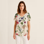 Boho Floral V-Neck Blouse | Lightweight Leaf Print Summer Top