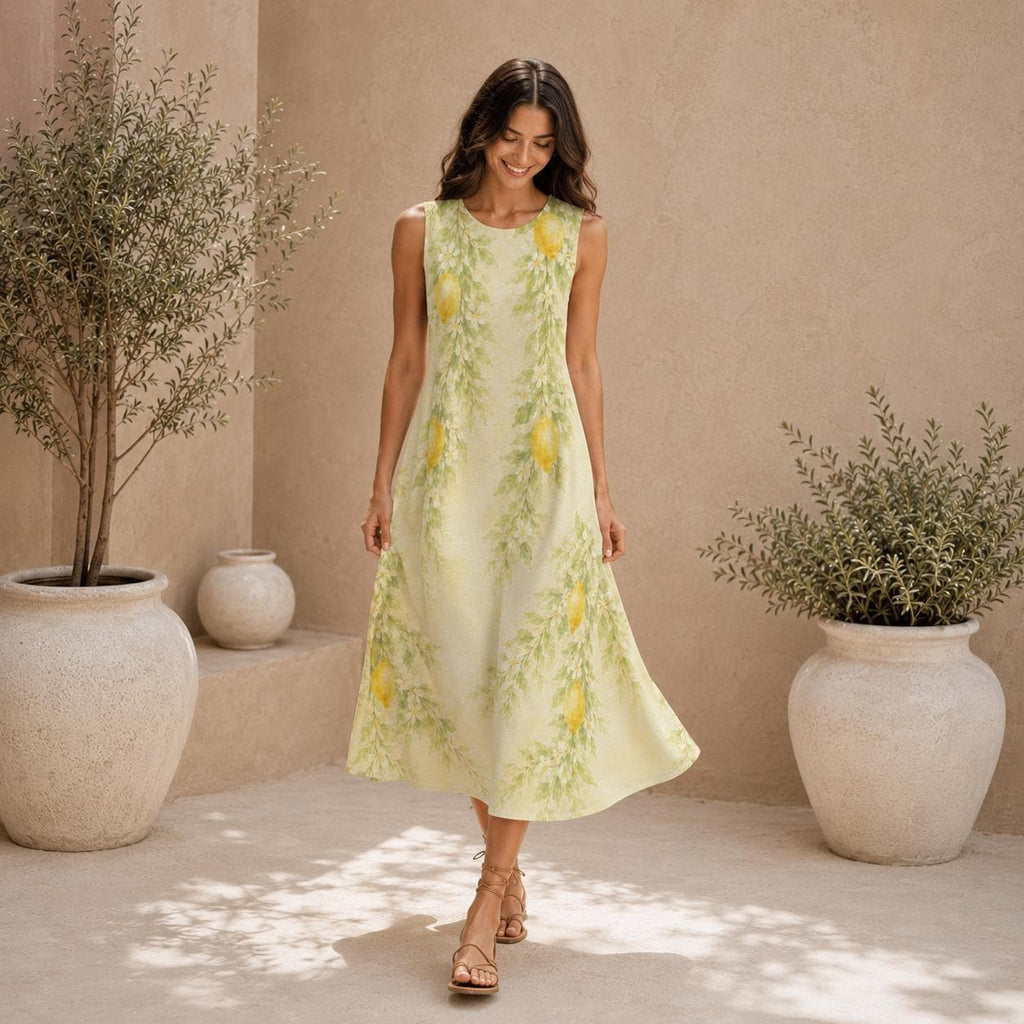 Lemon Floral Cotton Midi Dress | Garden Party A-Line Pocket Dress