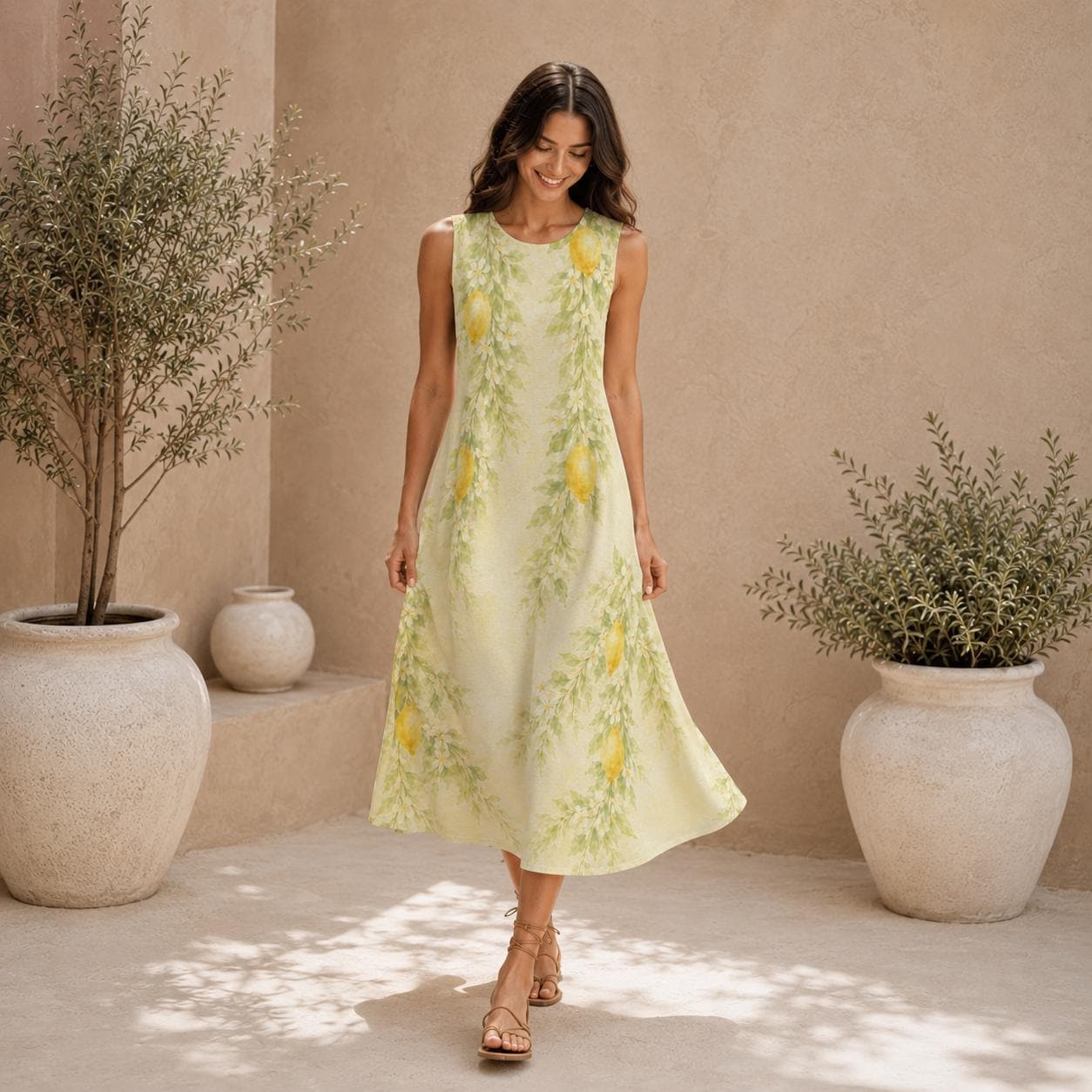 Lemon Floral Cotton Midi Dress | Garden Party A-Line Pocket Dress