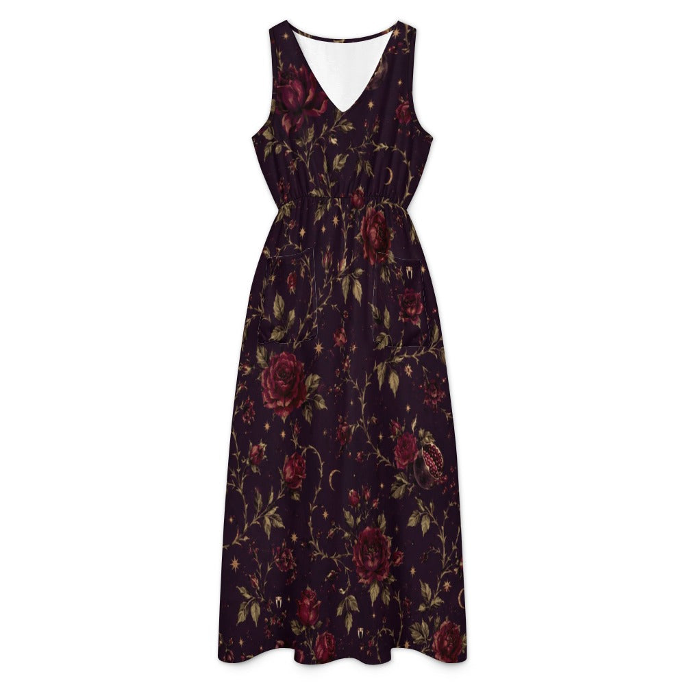 Plum Botanical Maxi Dress with Pockets | V-Neck Resort Dress