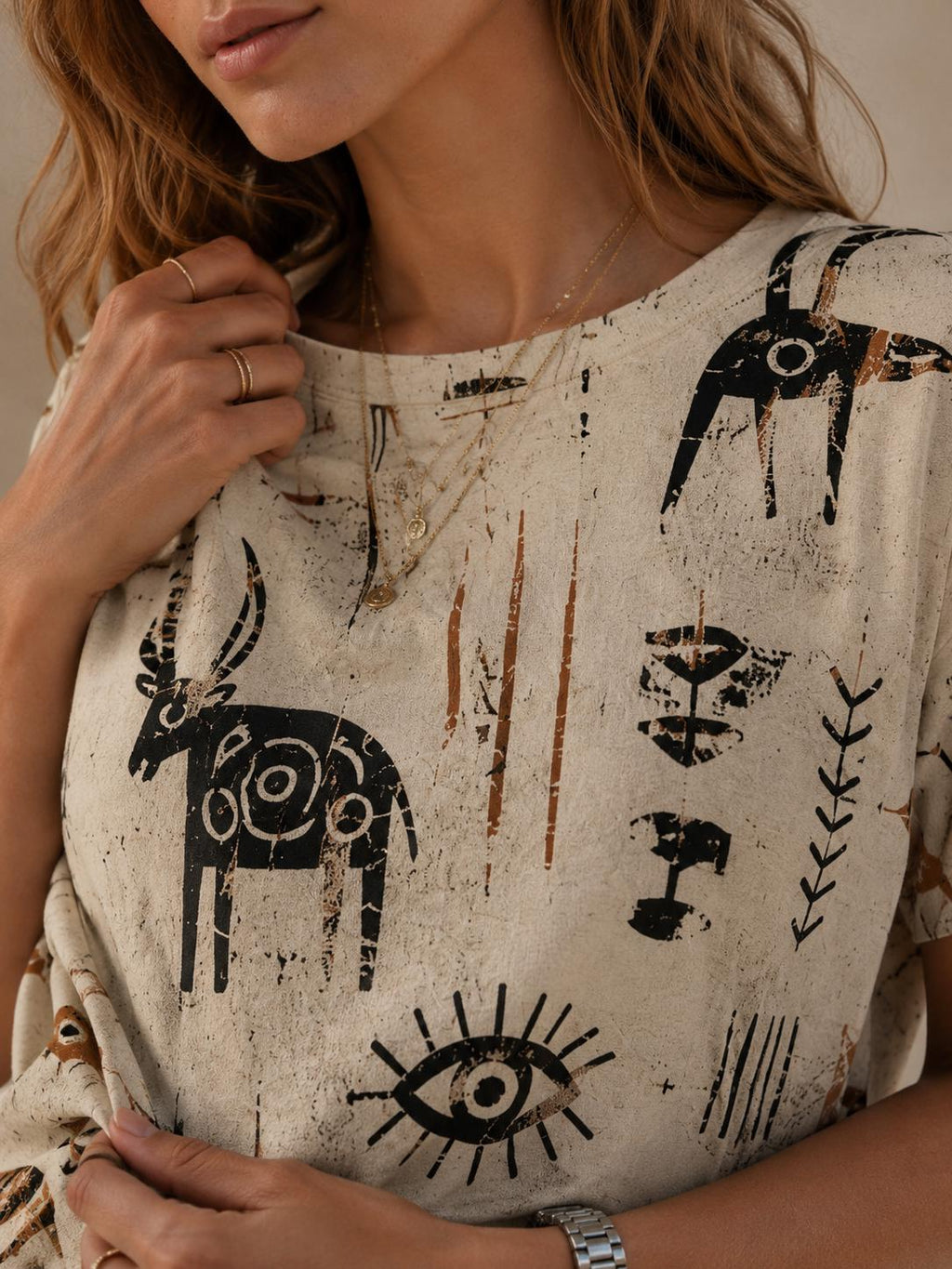 Oversized Folk Art Cotton T-Shirt | Scandinavian Boho Graphic Tee
