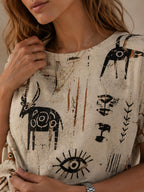 Oversized Folk Art Cotton T-Shirt | Scandinavian Boho Graphic Tee