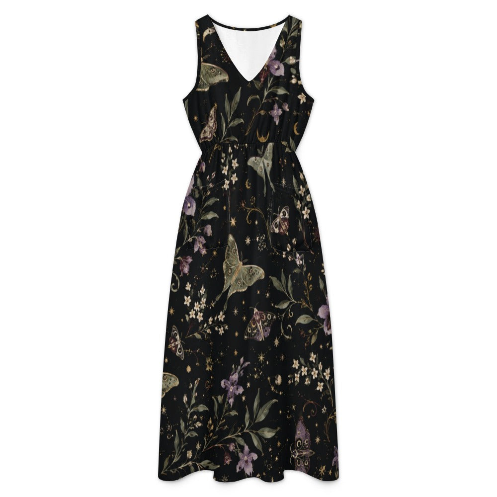 Midnight Botanical Maxi Dress with Pockets | V-Neck Resort Dress