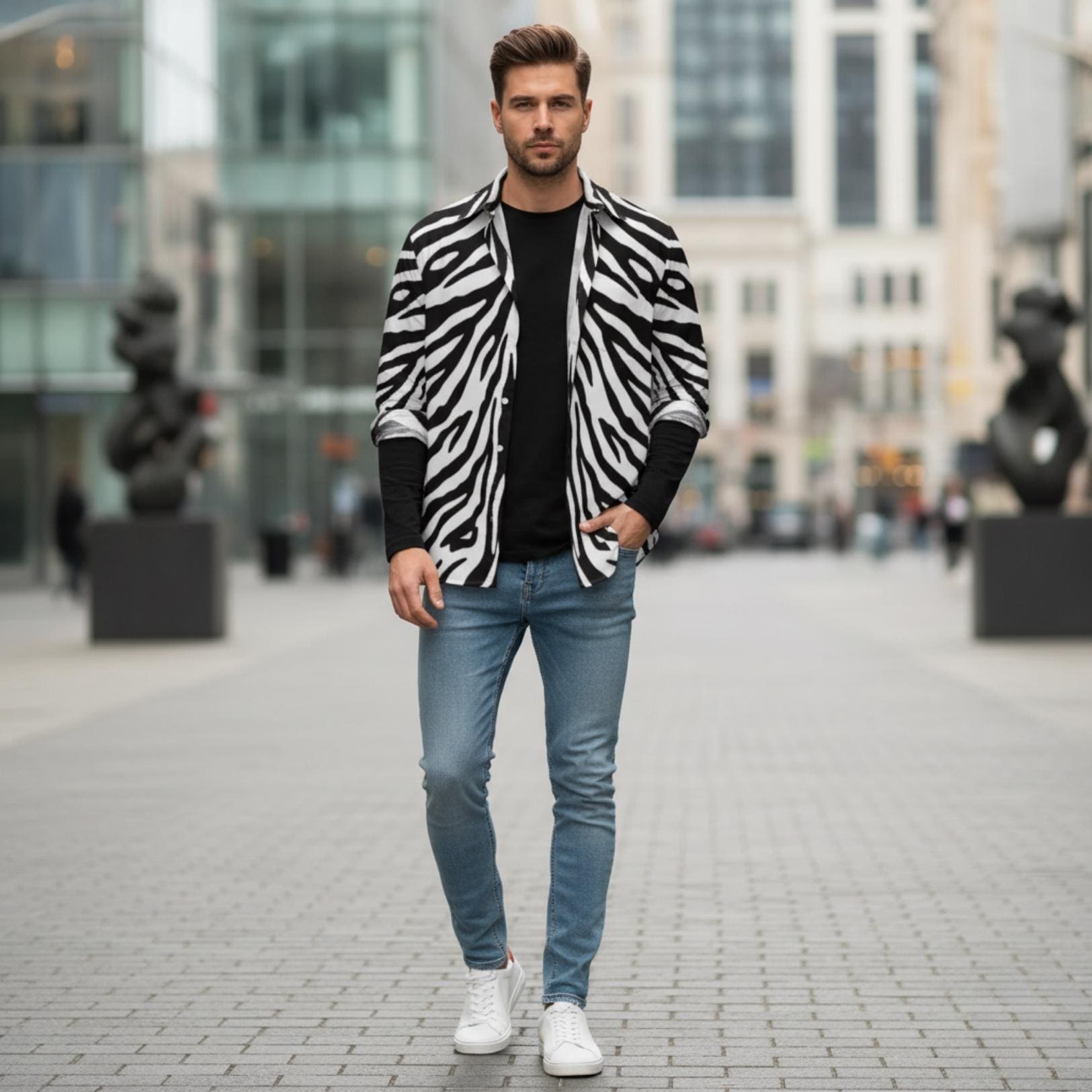Zebra Print Button-Down Shirt | Relaxed Monochrome Blouse