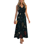 Dark Botanical Maxi Dress with Pockets | V-Neck Resort Dress