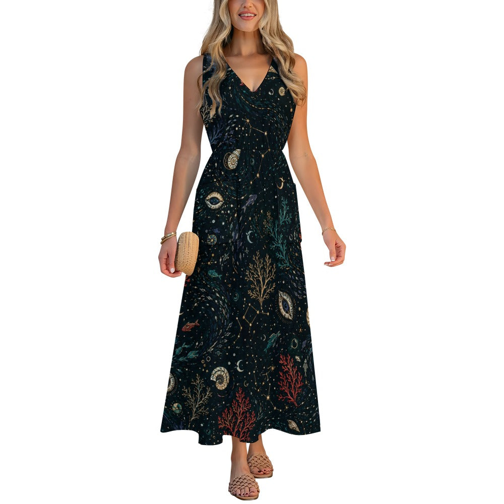 Dark Botanical Maxi Dress with Pockets | V-Neck Resort Dress