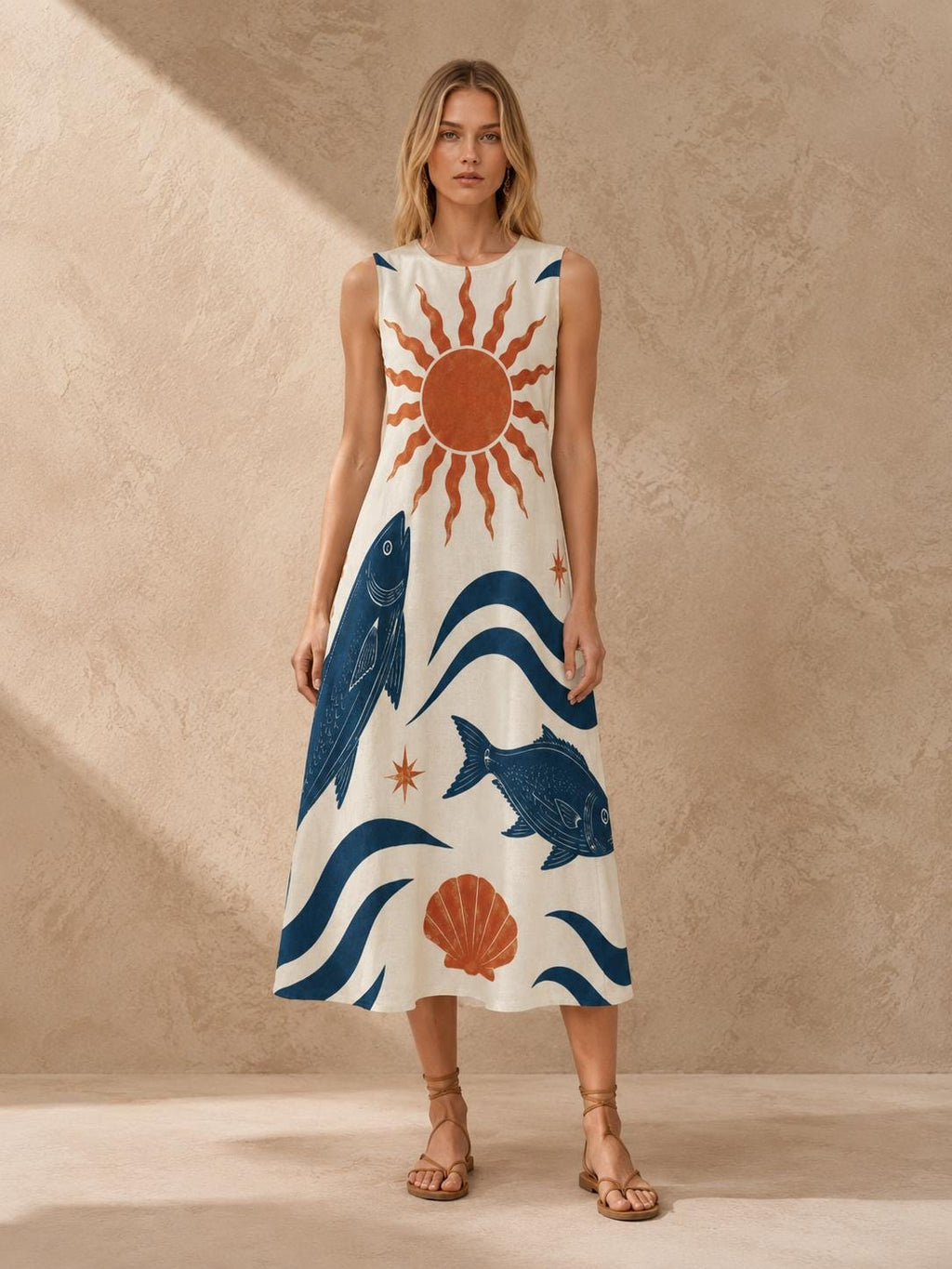 Sun Fish Cotton Midi Dress | Mediterranean A-Line Pocket Dress