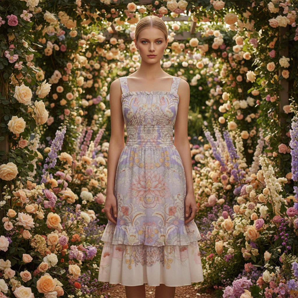 Pastel Baroque Floral Midi Dress | Romantic Garden Party Dress