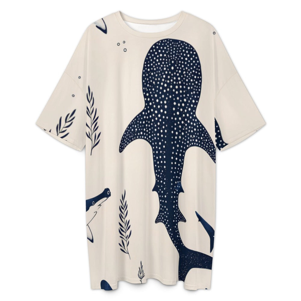 Whale Shark Print Oversized T-Shirt Dress with Pockets, Coastal Ocean Style