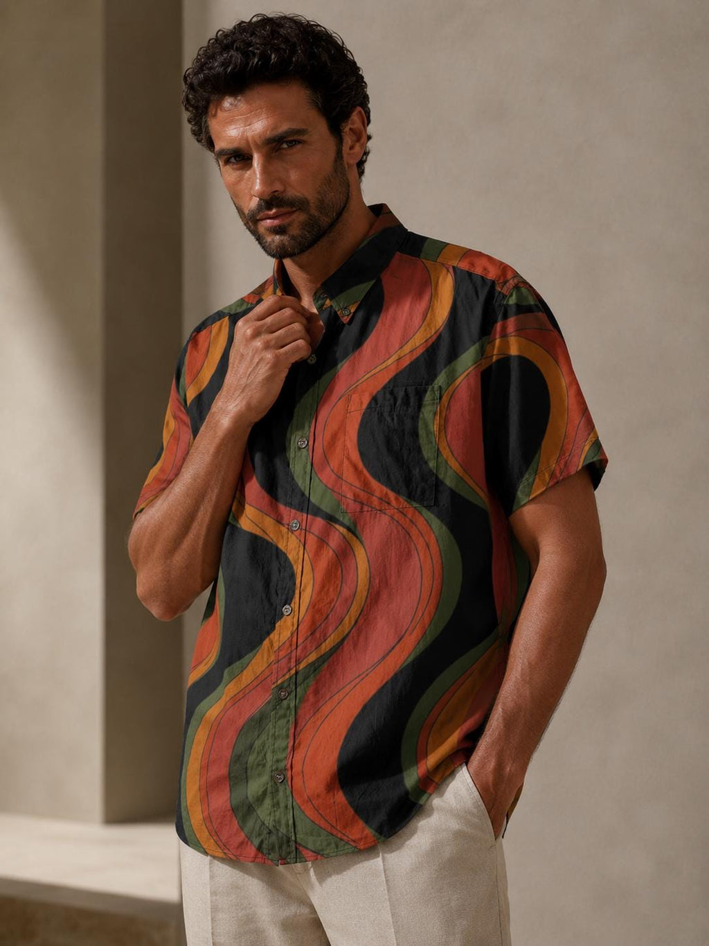 Men’s Retro Wave Cotton Resort Shirt | 70s Mediterranean Button-Up