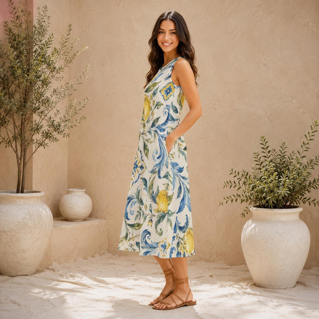 Amalfi Lemon Tile Cotton Midi Dress | Resort Pocket Dress