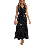 Black Abstract Floral Maxi Dress with Pockets | V-Neck