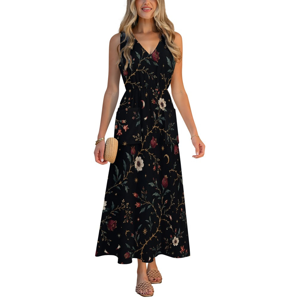 Black Abstract Floral Maxi Dress with Pockets | V-Neck