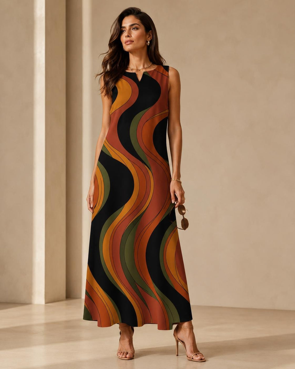 Retro Abstract A-Line Dress | 70s Earth Tone Pocket Dress