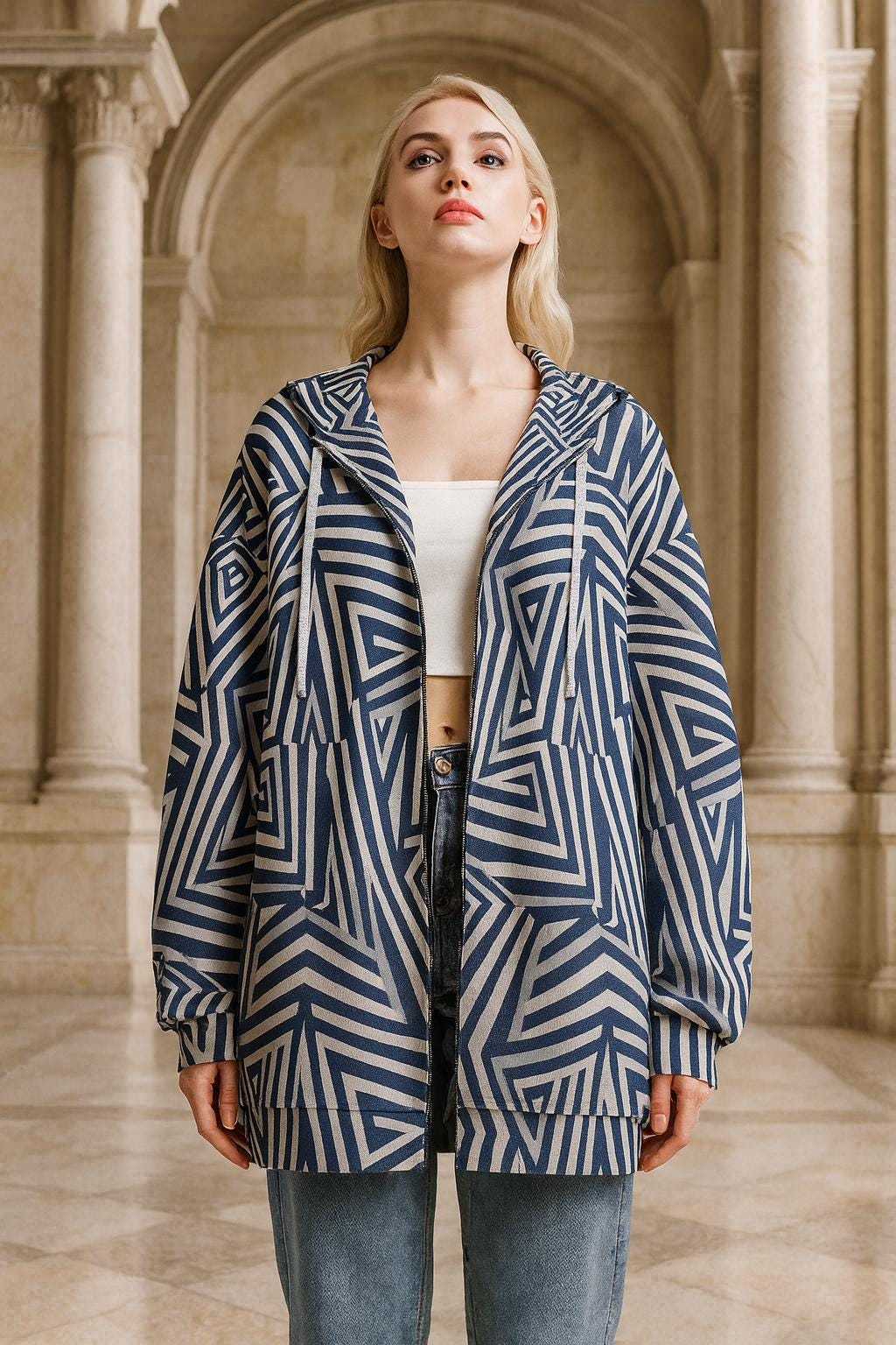 Navy Geometric Maze Zip Hoodie | Abstract Quiet Luxury Streetwear