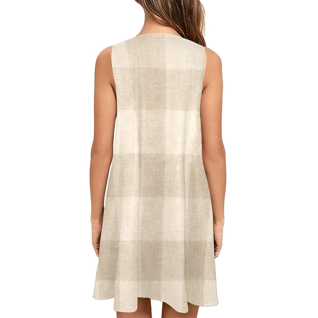 Scandinavian Gingham Resort Dress | Beige Coastal A-Line Pocket Dress