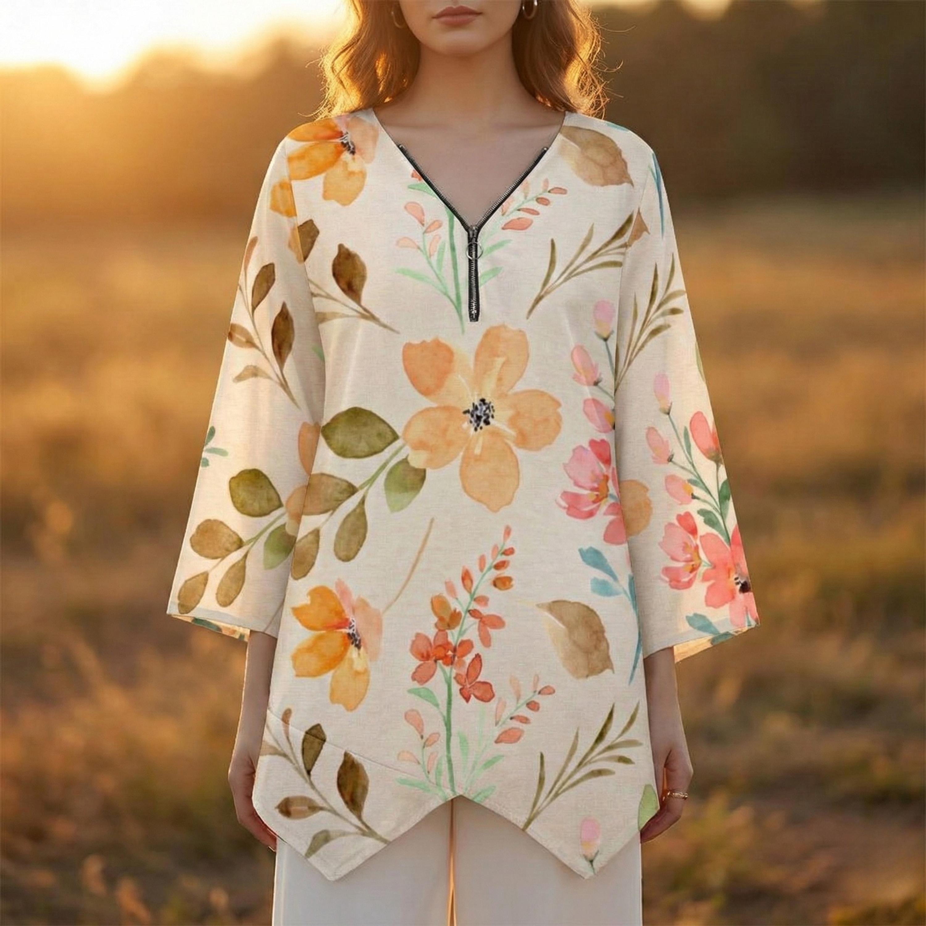 Soft Floral V-Neck Tunic | Watercolor Irregular Hem Top
