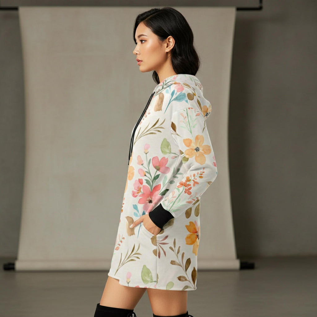 Watercolor Floral Hoodie Dress | Long Sleeve Casual Sweatshirt Dress